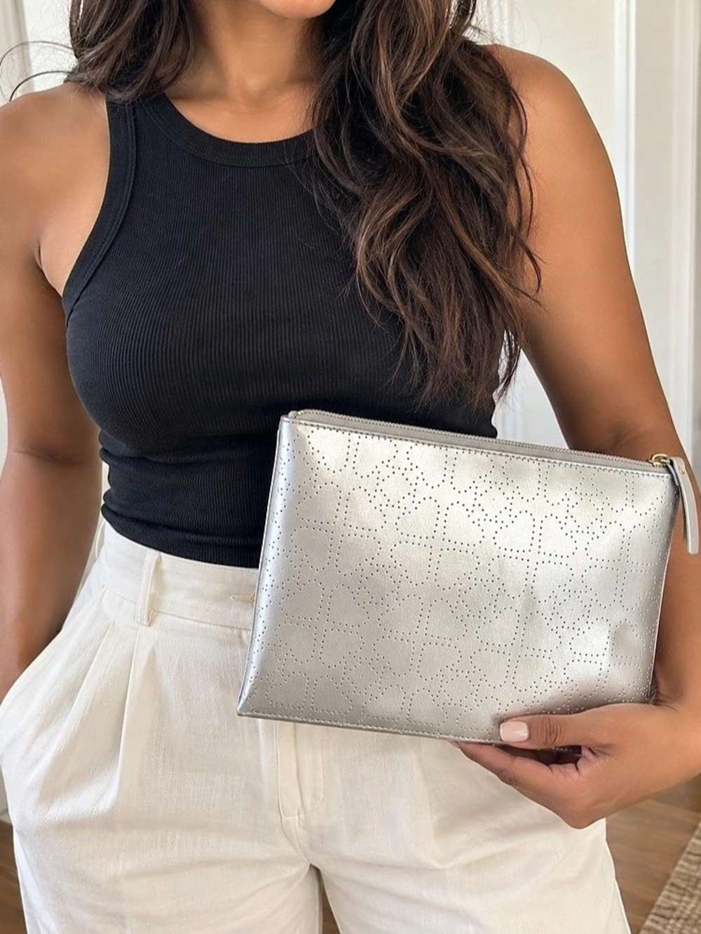 Kate Spade Silver Perforated Wristlet Clutch Like New